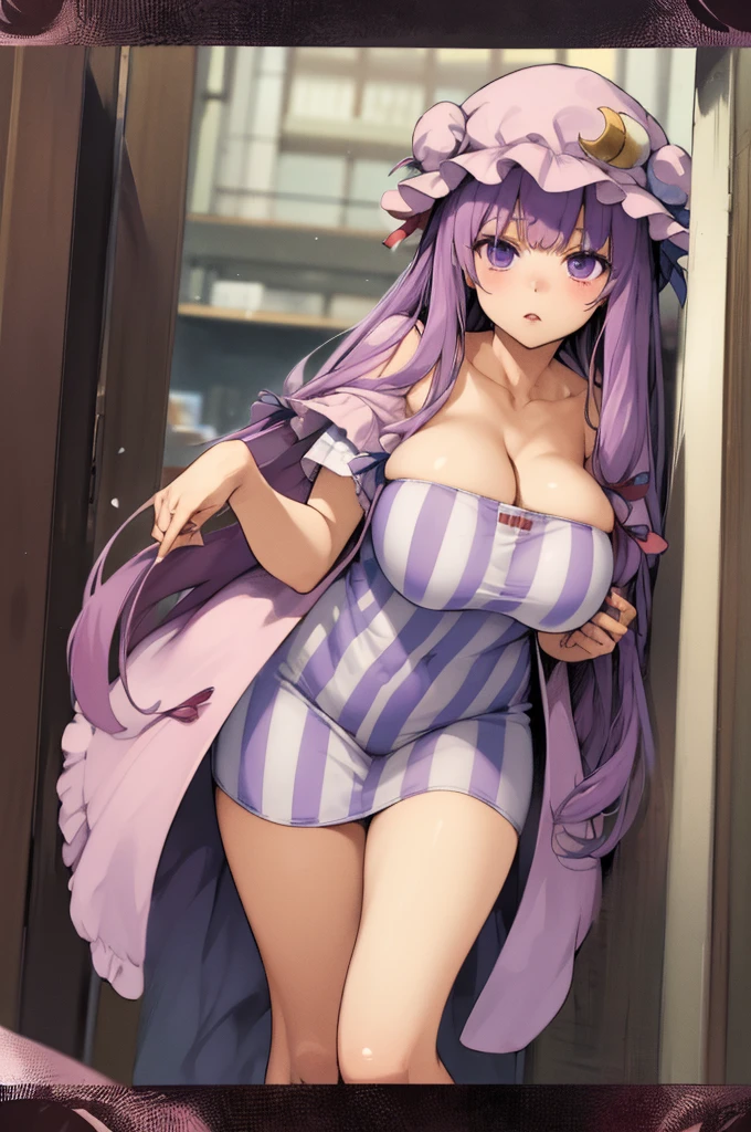 ((masterpiece,best quality)), absurdres, patchouli knowledge,solo,cowboy shot,huge breasts,thigh,cleavage,bare legs