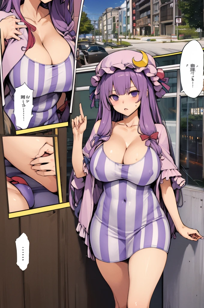 ((masterpiece,best quality)), absurdres, patchouli knowledge,solo,cowboy shot,huge breasts,thigh,cleavage,bare legs