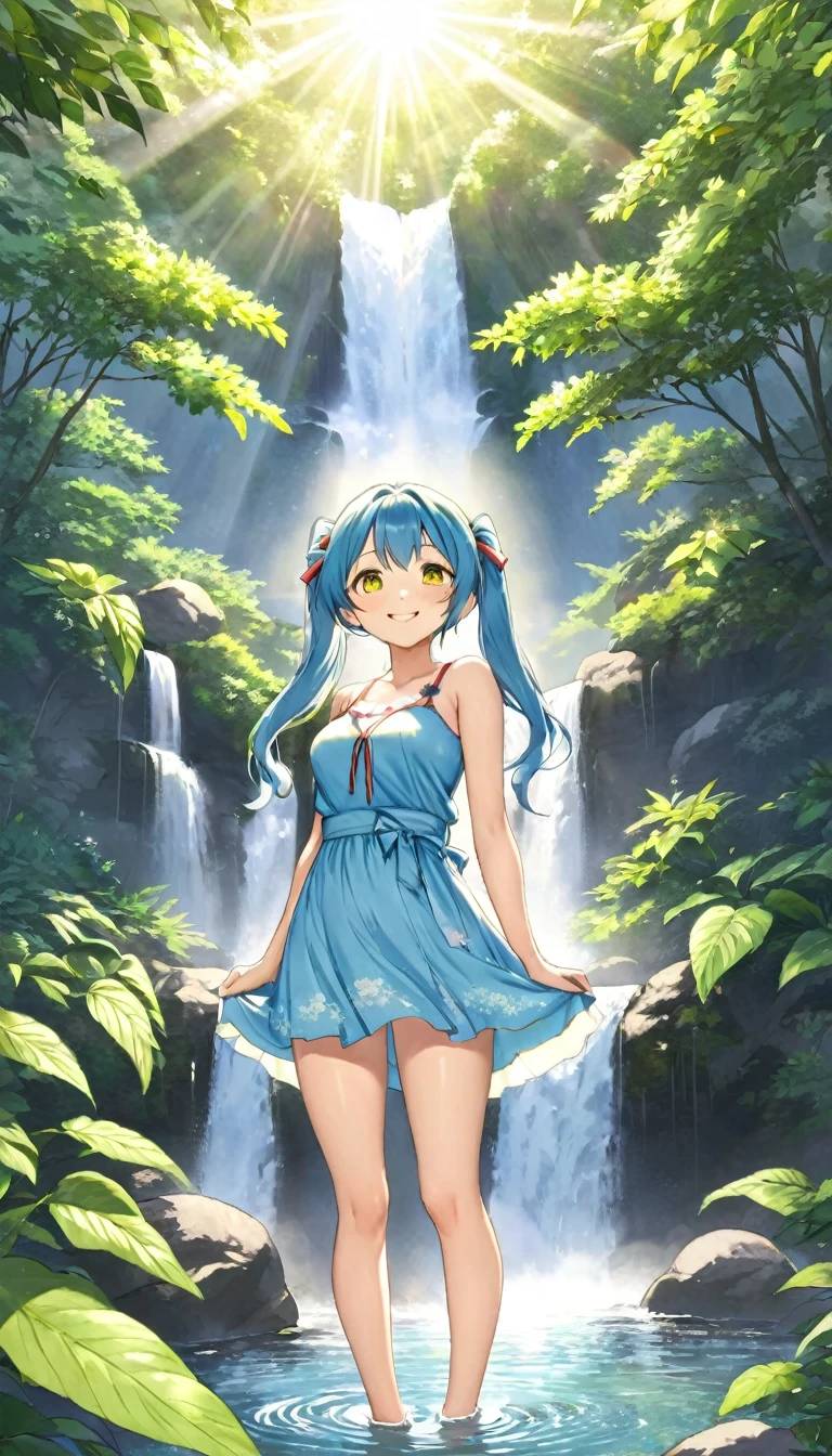 Sexy beauty,Beautiful Japanese Landscape、Big waterfall,Sunlight shines through the green leaves、Yellow half dress、Light blue long hair、Beautiful girl with twin tails、Look up at the sky、Bright smile