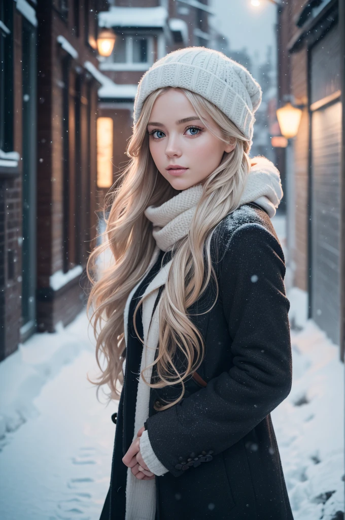 professional photography of a beautiful norwegian girl in winter clothes with long wavy blonde hair, sensual and seductive look, beautiful symmetrical face, beautiful natural makeup, wearing chic warm winter fashion clothing, ((standing outside on the snowy city street)), impressive modern urban environment, ultra realistic, conceptual artwork, chic, highy detailed, intricate, sharp focus, Depth of field, f/1. 8, 85 mm, medium shot, mid shot, (((professional color grading))), soft and bright diffused light, (Volumetric fog), Trends on Instagram, HD 4k, 8K