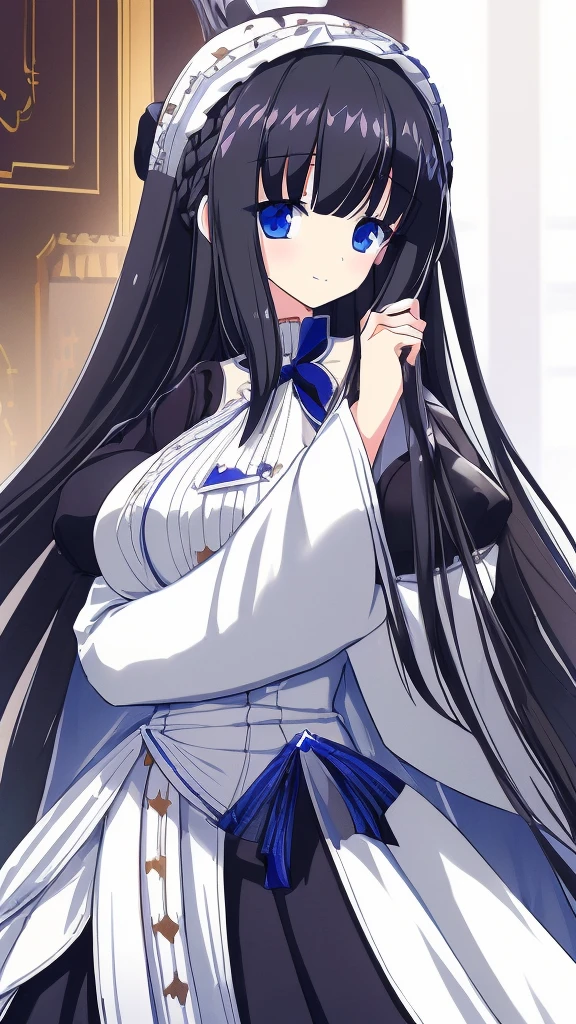 best quality, extremely detailed, anime style girl, long hair down to the waist, straight hair, ((dark black hair with bluish)),crown braid,beautiful detailed eyes, pinched eyes, dark blue eyes, gradation eyes,huge breasts,((((white English noblewoman's clothes)))),Luxury English hats,English street,smile,walking,from side