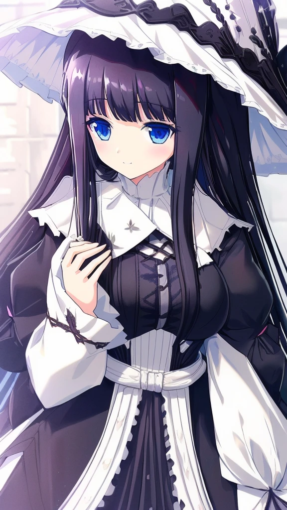 best quality, extremely detailed, anime style girl, long hair down to the waist, straight hair, ((dark black hair with bluish)),crown braid,beautiful detailed eyes, pinched eyes, dark blue eyes, gradation eyes,huge breasts,((((white English noblewoman's clothes)))),Luxury English hats,English street,smile,walking,from side