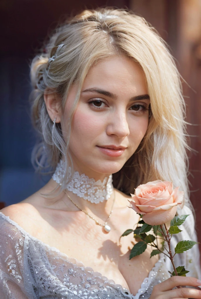 A 23-year-old woman, ((pechos grandes)), ((hiperrealismo)) ,. Caffe, white hair with light brown roots. cabello rubio, Hair with brown roots, cabello extra largo, cabello muy largo, really long hair, Beautiful, Front view, photo taken with HD camera, elegant pink blouse, sitting At a table at a cafe, coffee cup, cafe scene, warm wood ambience, sunny day, HD photo, high quality, HD, huge breasts, shy smile, ultraHD