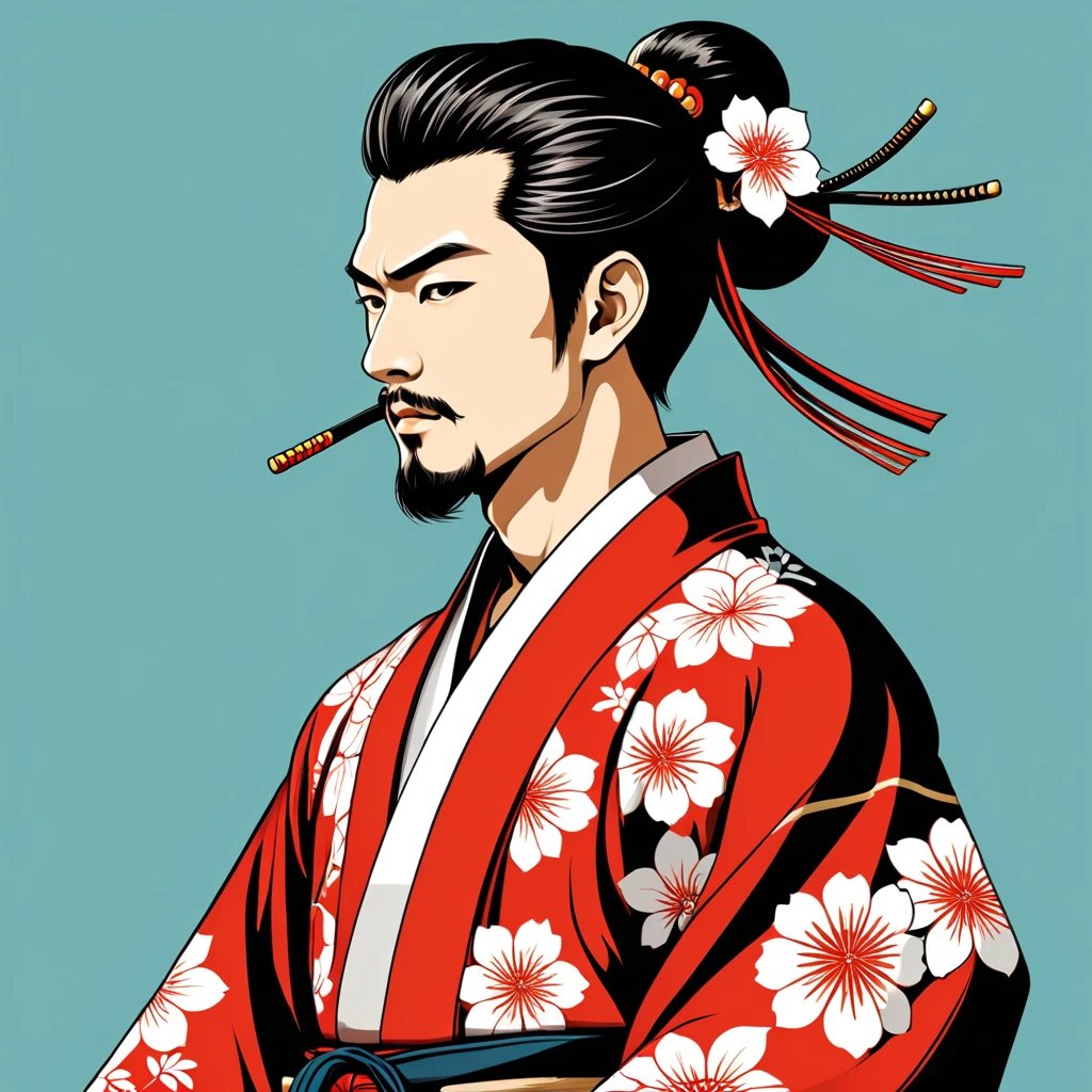 man in japanese folk outfit, vector graphics, strong contours
