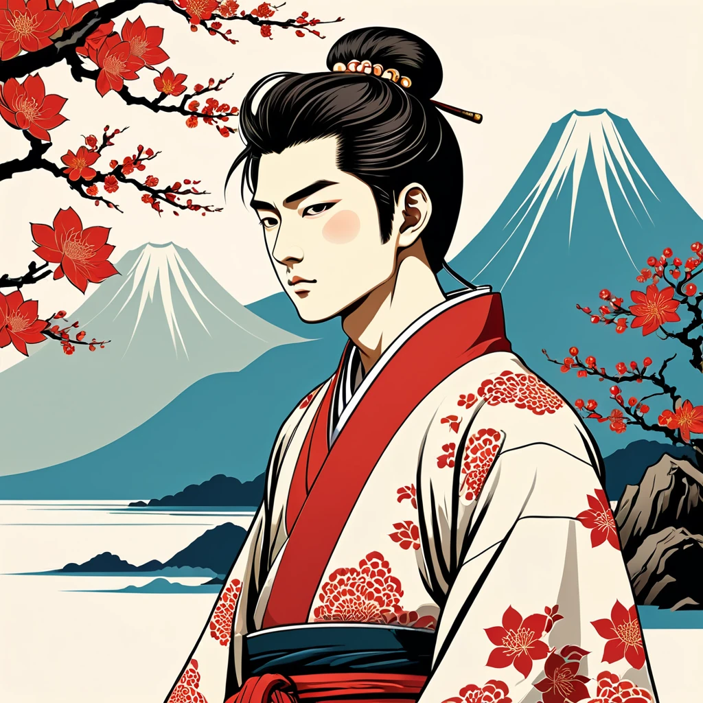man in japanese folk outfit, vector graphics, strong contours