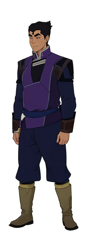 African-American, Bolin, water tribe traditional clothing mixed of blue and purple, with fur in shoulders and neck. Long sleeve, skinny, water tribe outfit. The character is wearing a blue, short-sleeved tunic with gold trim and fastenings down the front and fur collar, and fur on the shoulders. He has on dark purple pants tucked into knee-high boots. A green sash is tied around his waist. The overall style appears to be inspired by traditional East Asian clothing designs., fur on sleeves and shoulders, clothing mixed of water tribe purple and blue color and dark purple pants and skinny