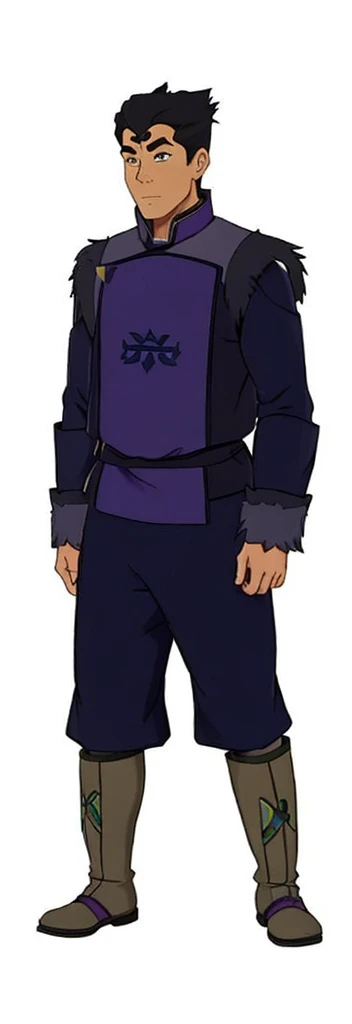 African-American, Bolin, water tribe traditional clothing mixed of blue and purple, with fur in shoulders and neck. Long sleeve, skinny, water tribe outfit. The character is wearing a blue, short-sleeved tunic with gold trim and fastenings down the front and fur collar, and fur on the shoulders. He has on dark purple pants tucked into knee-high boots. A green sash is tied around his waist. The overall style appears to be inspired by traditional East Asian clothing designs., fur on sleeves and shoulders, clothing mixed of water tribe purple and blue color and dark purple pants and skinny