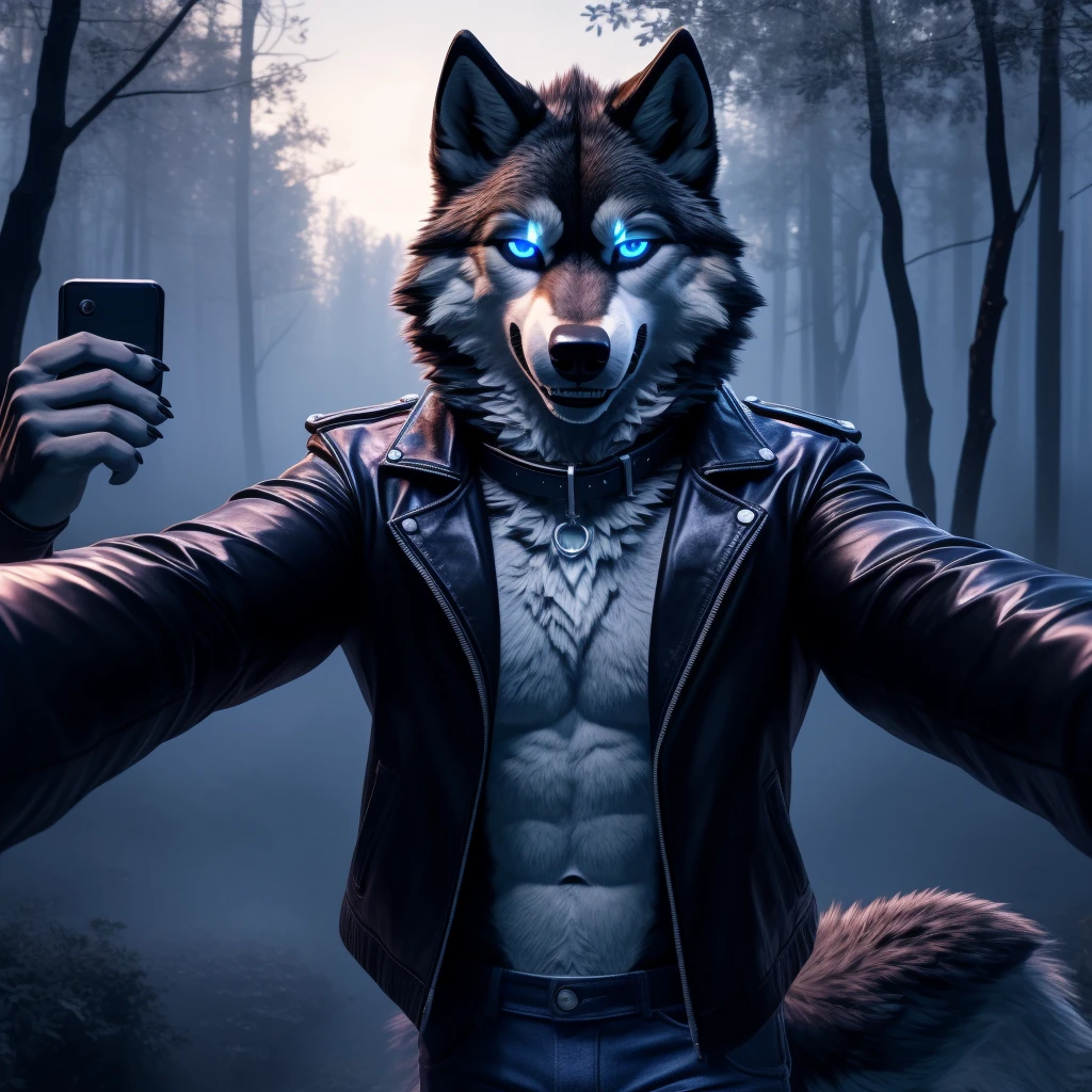 Selfie, Male, 30 years old, cute, eyeliner, evil grin, black leather jacket, anthro, wolf ears, wink, (black fur:1.5), wolf, forest background, 8k, hi res, (best quality, masterpiece), (wolf tail:1.5), detailed fur, solo, night, leashing and collar, blue jeans, blue eyes,