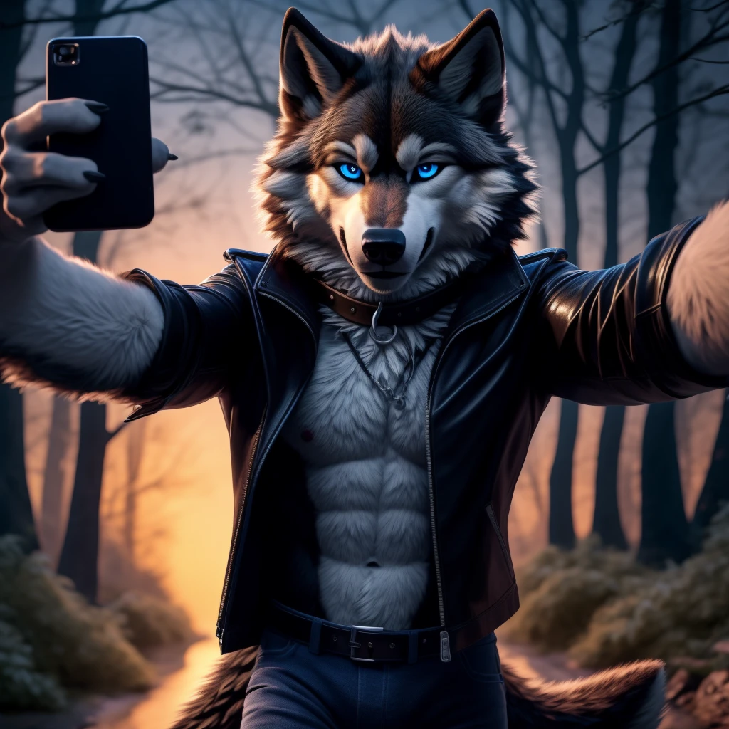 Selfie, Male, 30 years old, cute, eyeliner, evil grin, black leather jacket, anthro, wolf ears, wink, (black fur:1.5), wolf, forest background, 8k, hi res, (best quality, masterpiece), (wolf tail:1.5), detailed fur, solo, night, leashing and collar, blue jeans, blue eyes,