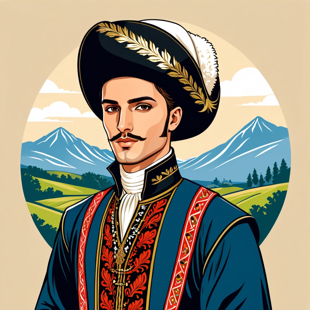 man in georgian folk outfit, vector graphics, strong contours