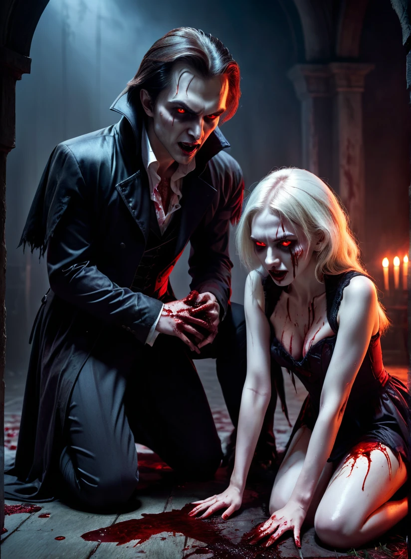 a vampire man crouching next to an attractive human woman corpse, blood and gore, dark and moody atmosphere, detailed face and body, glowing red eyes, sharp fangs, pale skin, torn clothing, detailed bloody wounds, chiaroscuro lighting, cinematic composition, dark fantasy, horror, photorealistic, 4k, highly detailed, dead woman