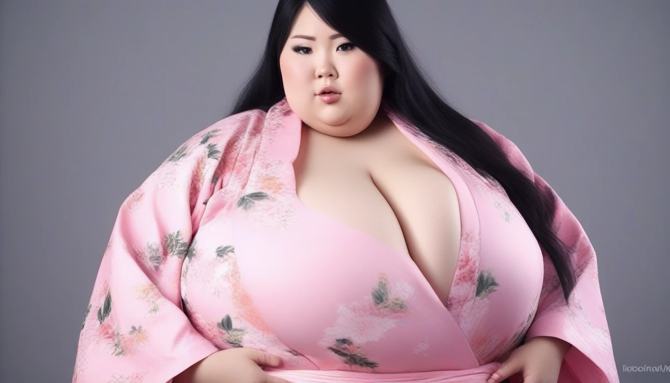 cute black haired asian with extreme huge enormous, bbw, obese, pink kimono. masterpiece 8k, professional photography