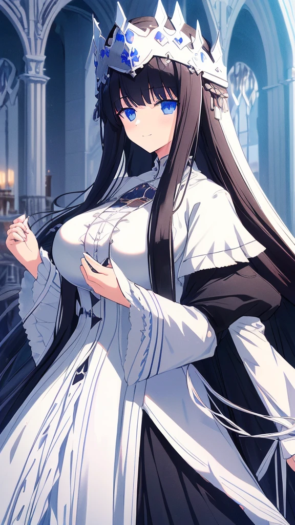 best quality, extremely detailed, anime style girl, long hair down to the waist, straight hair, dark black hair with bluish,crown braid,beautiful detailed eyes, pinched eyes, dark blue eyes, gradation eyes,huge breasts,((((black atmosphere)))),((Luxurious room)),((((cool)))),from side,sparkling eyes