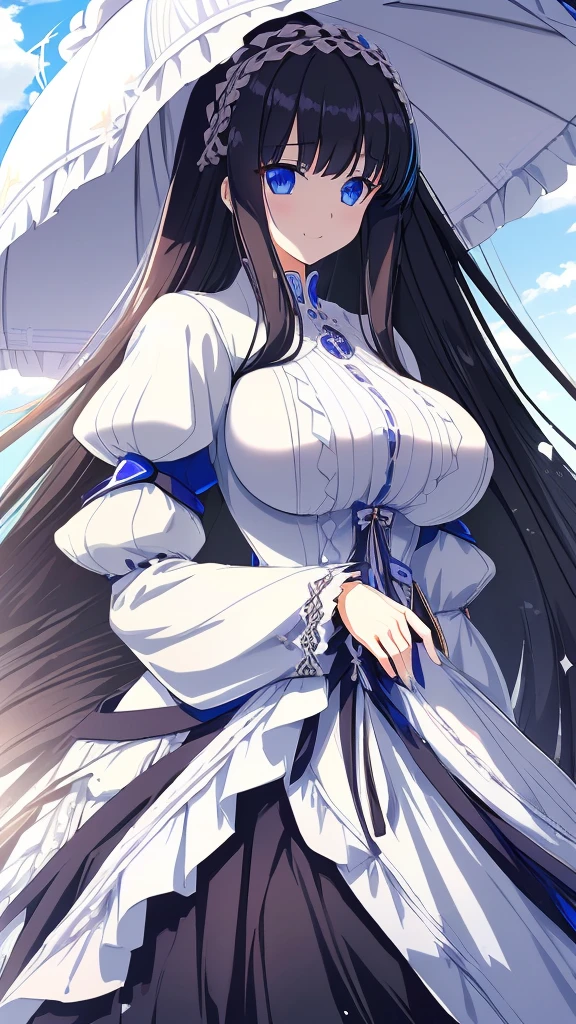 best quality, extremely detailed, anime style girl, long hair down to the waist, straight hair, ((dark black hair with bluish)),crown braid,beautiful detailed eyes, pinched eyes, dark blue eyes, gradation eyes,huge breasts,((((white English noblewoman's clothes)))),Luxury English hats,English street,smile,walking,from side