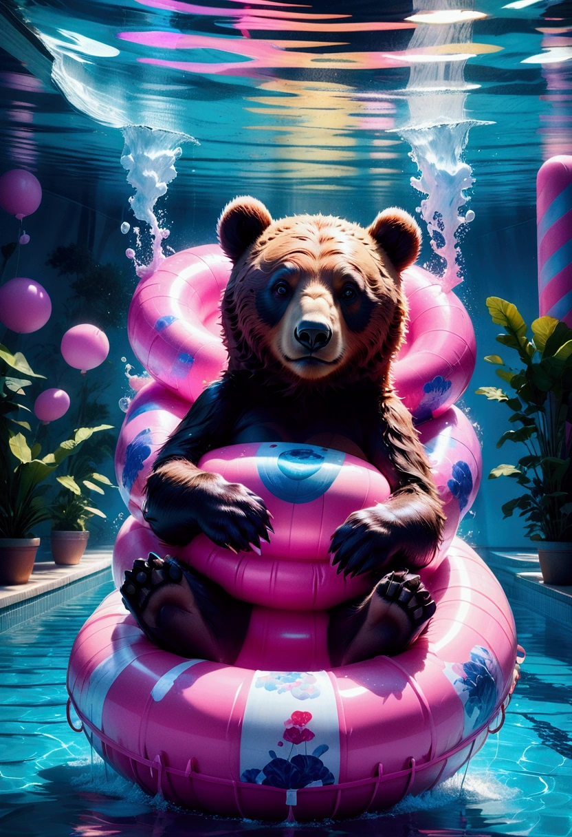 Pool , An adorable bear cub floating on its back on a pink inner tube in a swimming pool, hyperdetailed, 8k resolution concept art, cinematic, volumetric lighting, maximalist, detailed matte painting, deep color, fantastical, intricate detail, splash screen, complementary colors, fantasy concept art, 8k resolution trending on Artstation Unreal Engine 5, masterpiece, best quality, very aesthetic, absurdres
