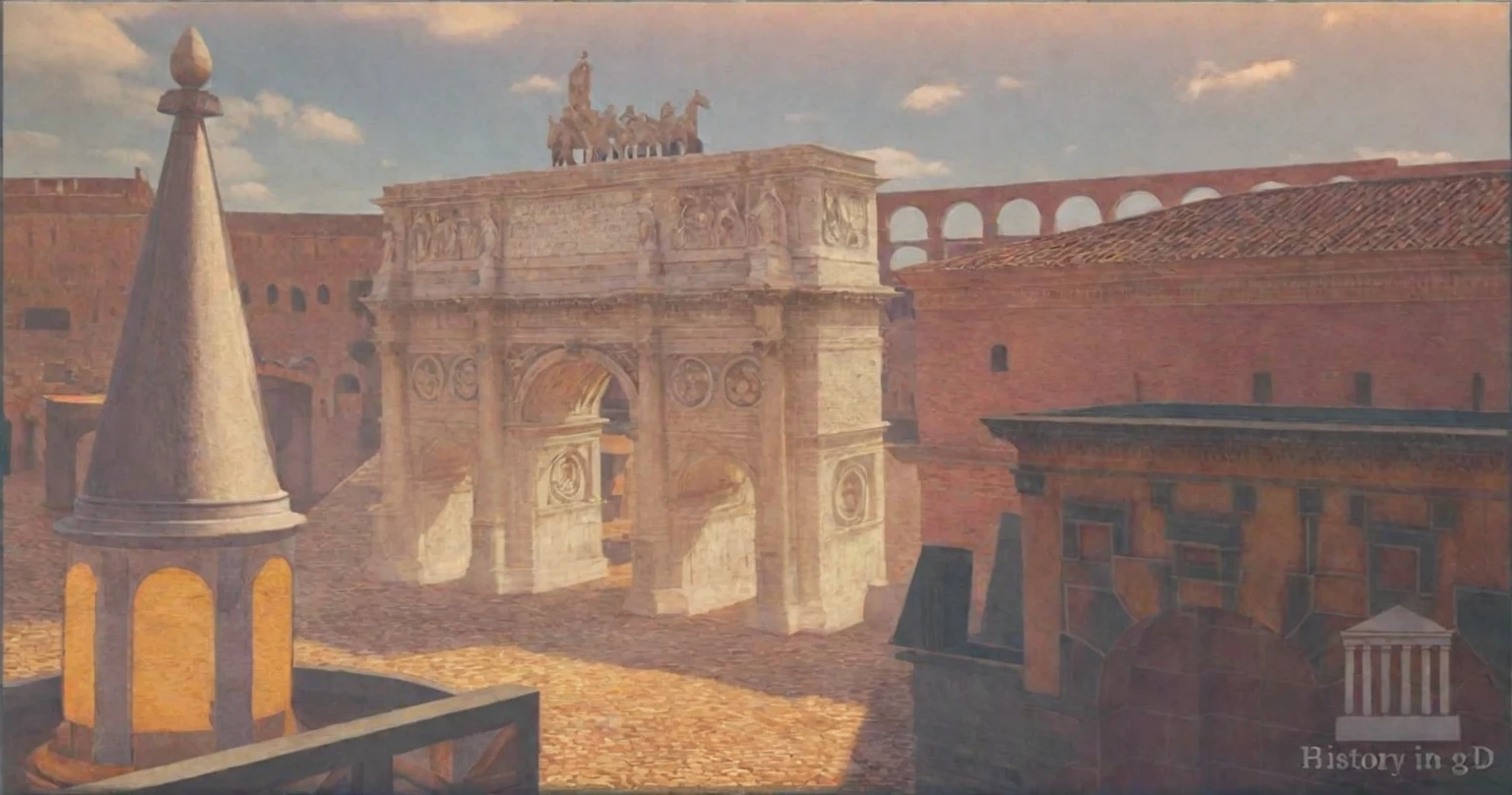 arafed view of a large building with a clock tower in the middle of it, by Tom Wänerstrand, colosseo, massive arch, rome backdrop, in a city with a rich history, 🪔 🎨;🌞🌄, rome in background, by Romano Vio, colosseum, eternal city, rome, ancient rome, by Pogus Caesar