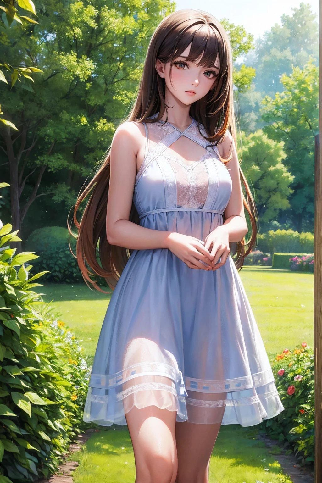 Masterpiece,stunning realistic, best quality, sharpness, 1 girl,18 years old,long hair,brown hair,(straight hair:1),orange eyes,(arms behind back:1),standing in a garden,light blue summerdress,