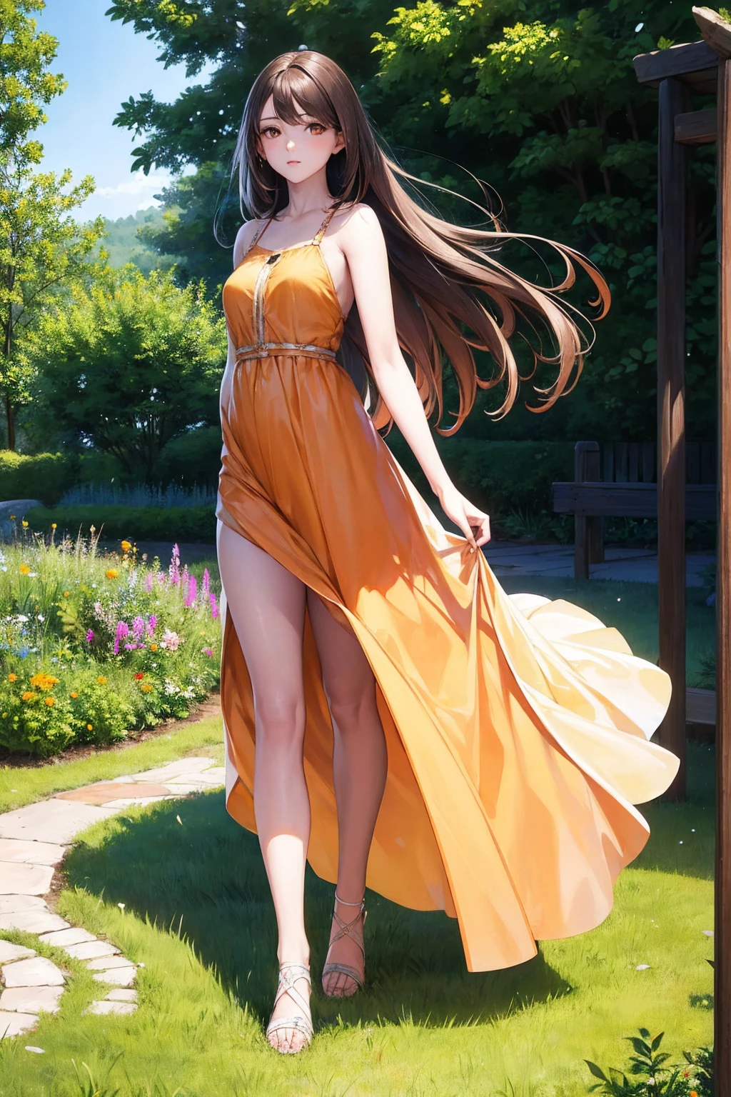 Masterpiece,stunning realistic, best quality, sharpness, 1 girl,18 years old,long hair,brown hair,(straight hair:1),orange eyes,(arms behind back:1),standing in a garden,light blue summerdress,