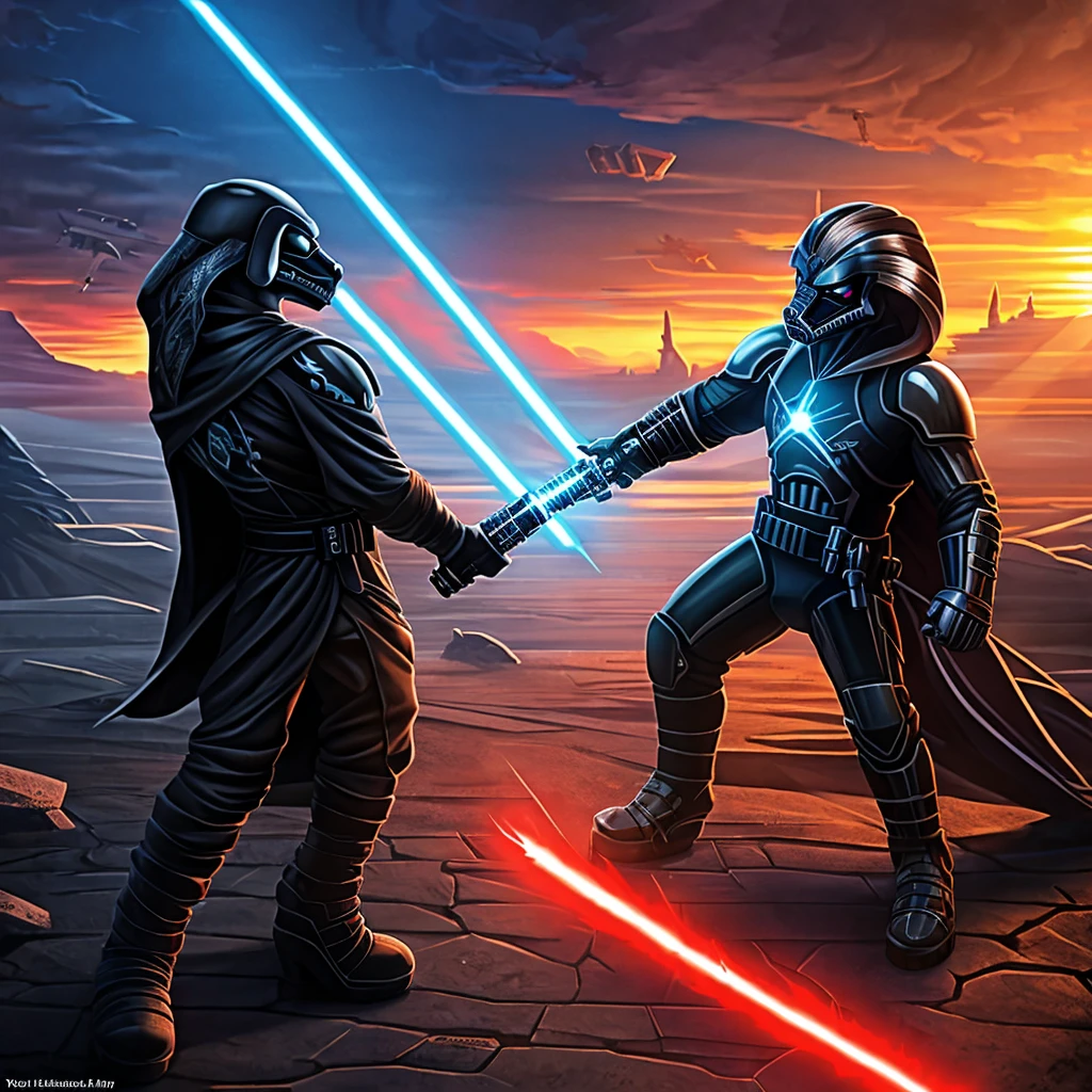 anthro light orange unicorn pony, sunset shimmer, blue lightsaber, planet tattooine, detailed hands and feet, metal mechanical hand black robe and pants, black boots, silver hilt blue bladed lightsaber, cinematic lighting, dramatic atmosphere, rich colors, highly detailed, photorealistic, masterpiece, Star Wars, Darth Vader, lightsaber battle