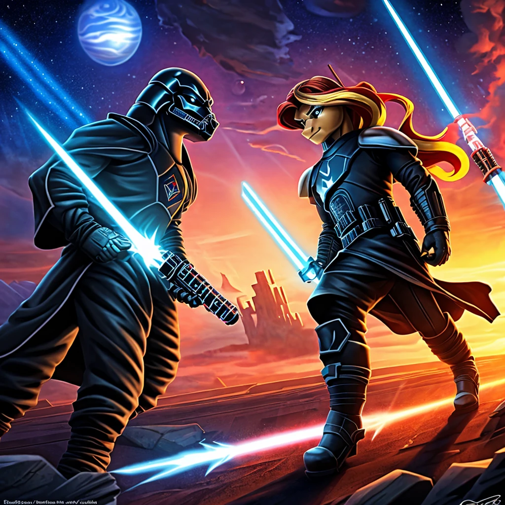 anthro light orange unicorn pony, sunset shimmer, blue lightsaber, planet tattooine, detailed hands and feet, metal mechanical hand black robe and pants, black boots, silver hilt blue bladed lightsaber, cinematic lighting, dramatic atmosphere, rich colors, highly detailed, photorealistic, masterpiece, Star Wars, Darth Vader, lightsaber battle