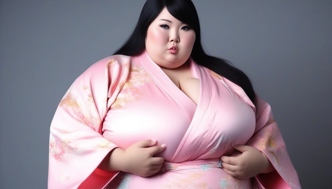 cute black haired asian with extreme huge enormous, bbw, obese, pink kimono. masterpiece 8k, professional photography
