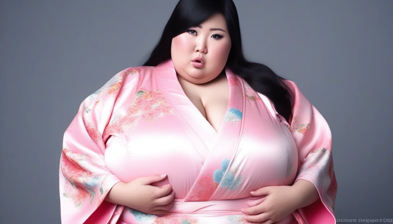 cute black haired asian with extreme huge enormous, bbw, obese, pink kimono. masterpiece 8k, professional photography