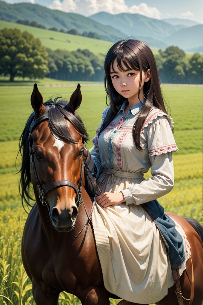 girl with a horse in the field 