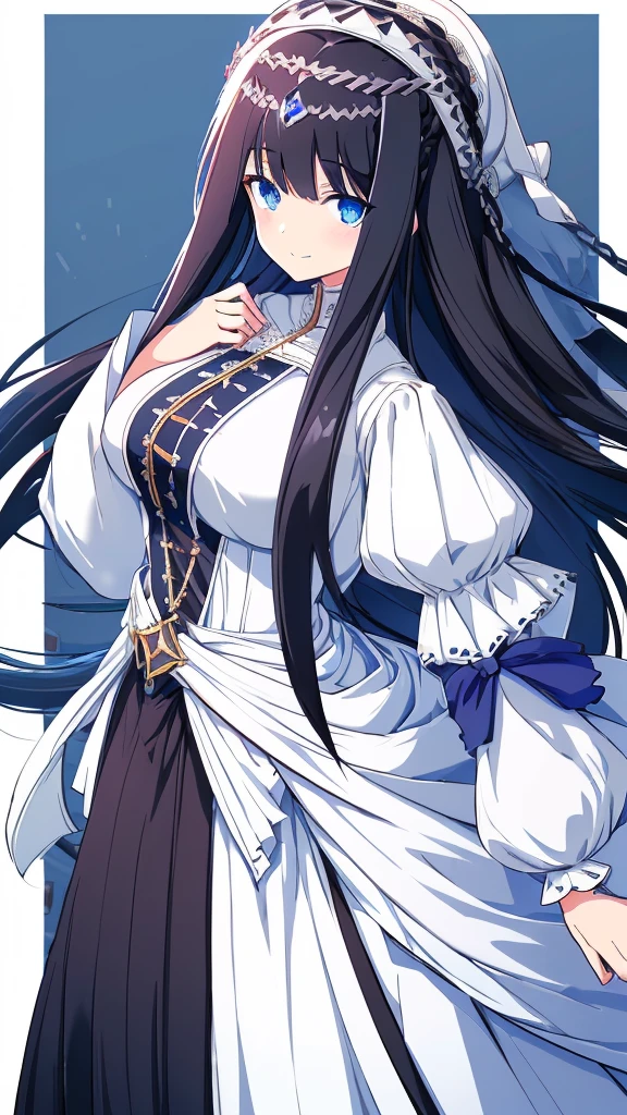 best quality, extremely detailed, anime style girl, long hair down to the waist, straight hair, ((dark black hair with bluish)),crown braid,beautiful detailed eyes, pinched eyes, dark blue eyes, gradation eyes,huge breasts,((((white English noblewoman's clothes)))),Luxury English hats,English street,smile,walking,from side