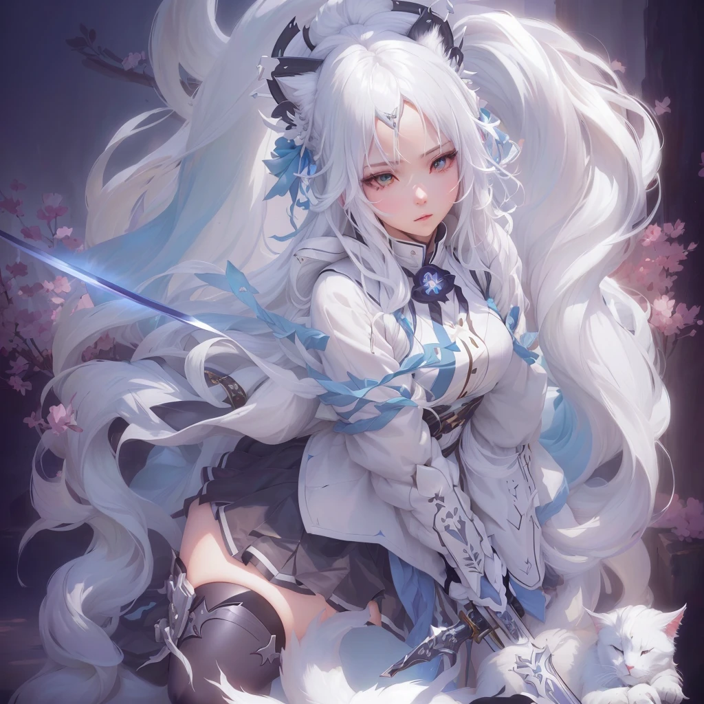 Anime girl with long white hair and sword in hand, guweiz on pixiv artstation, Guweiz on ArtStation Pixiv, artstation pixivでトレンド, White-haired God, White cat lady, Digital art on pixiv, anime art wallpaper 4k, From Arknights, anime art wallpaper 4k, Perfect white hair girl