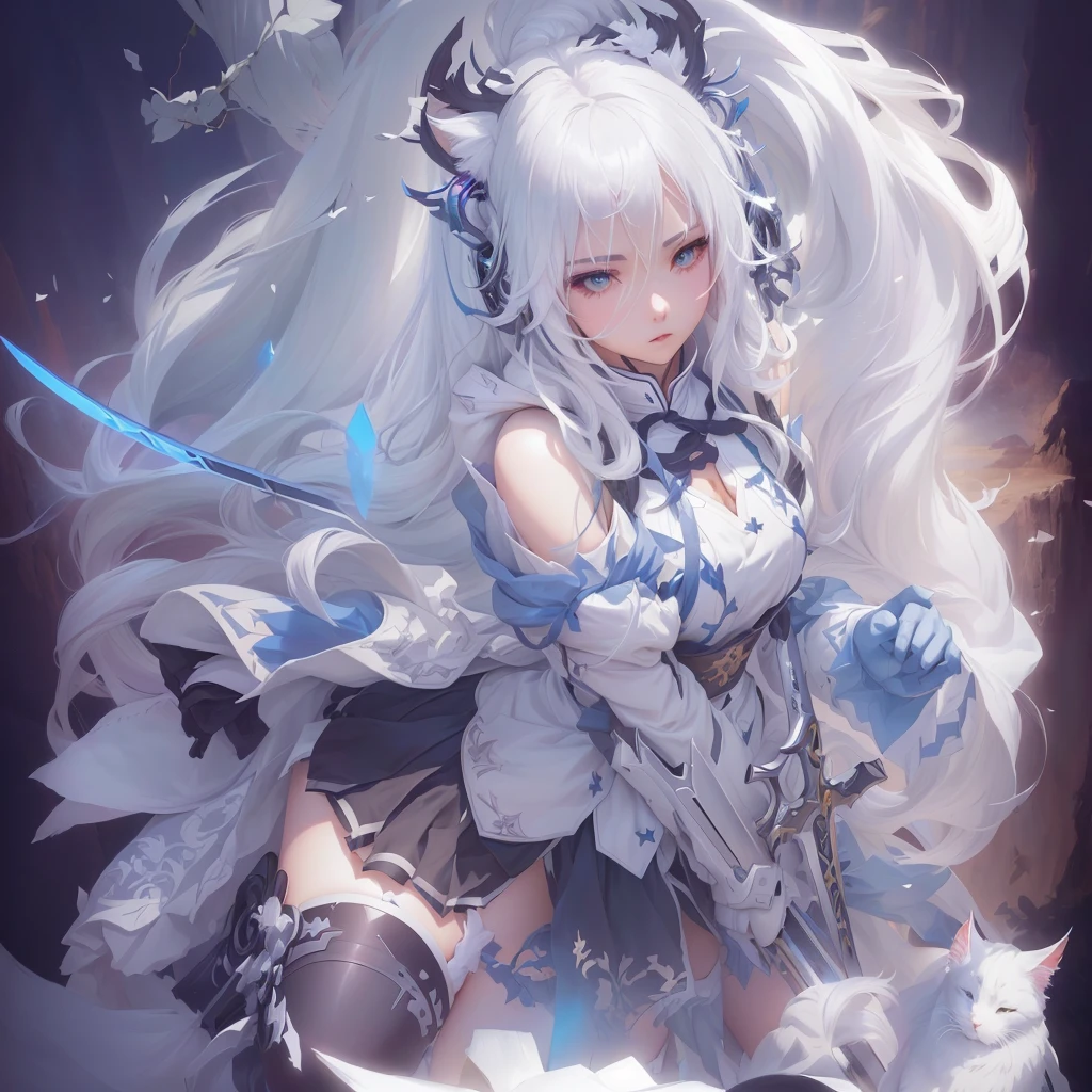 Anime girl with long white hair and sword in hand, guweiz on pixiv artstation, Guweiz on ArtStation Pixiv, artstation pixivでトレンド, White-haired God, White cat lady, Digital art on pixiv, anime art wallpaper 4k, From Arknights, anime art wallpaper 4k, Perfect white hair girl