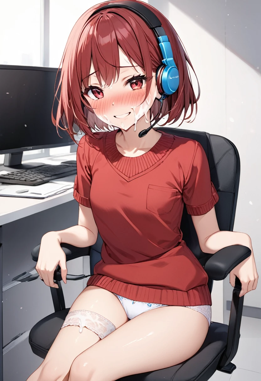(1 girl:1.0),25 years old,beautiful girl,bob cut,office girl,sitting chair,(small breasts:1.2),(slim body shape:1.2),highest quality,High resolution(headset:1.3),(cowboyshot:1.0),fullbody,(short sleeve red knit sweater:1.2),smile,front face,(front view:1.0),looking at viewer,office,Talking,Chatting,(full-face blush:1.5),(smile:1.2),anguish,(presenting panties:1.5),white panties,(facial:1.5),(cum on face:1.5),