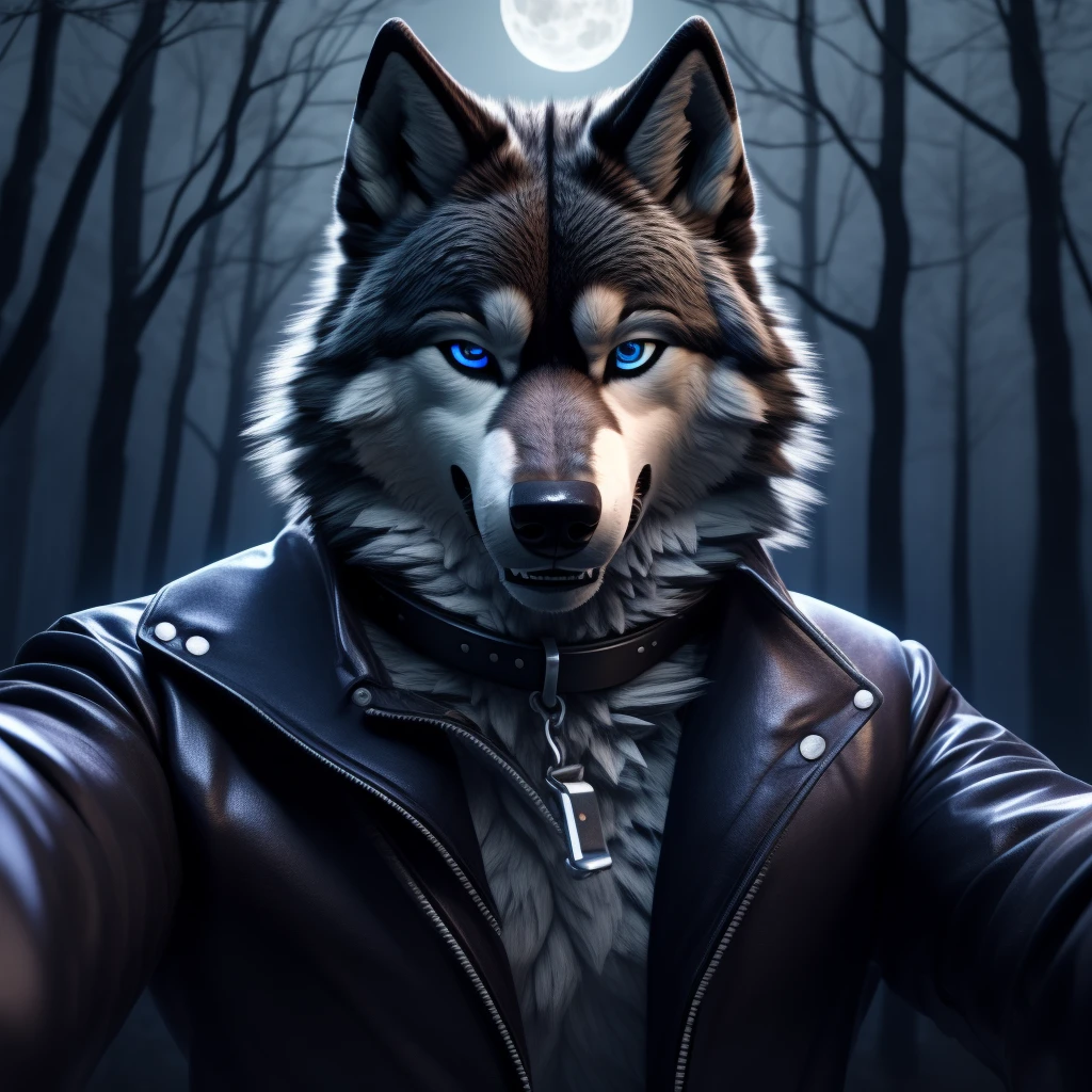 Selfie, Male, 30 years old, cute, eyeliner, evil grin, black leather jacket, anthro, wolf ears, one eye closed, (black fur:1.5), wolf, forest background, 8k, hi res, (best quality, masterpiece), (wolf tail:1.5), detailed fur, solo, night, leashing and collar, blue jeans, blue eyes,
