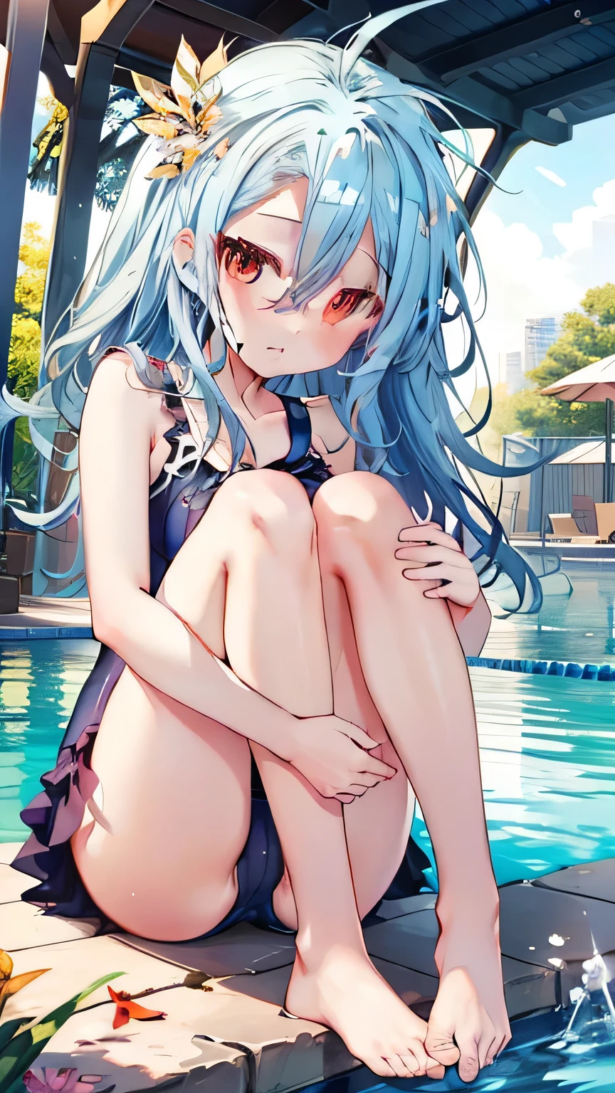 (Very detailed CG Unity 8K 壁紙),(masterpiece), (Highest quality), (Very detailed), (Best illustrations),(Best Shadow),1 Girl、front、School Swimsuit、Pool、Angle from the front、Camel Knob、Sitting(I have my legs open)、barefoot、