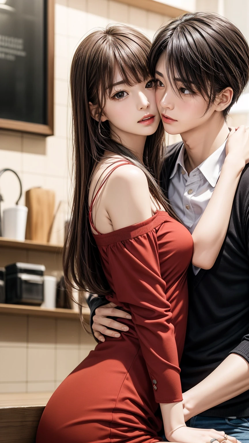 8K quality、High resolution、Realistic skin texture、High resolutionの瞳、Seated man、Woman embraced by a man、A female cafe owner seduces a male customer、Brown long hair、、Ring piercing of the earlobe、Neat red blouse dress、Dignified face、thin、Model Body Type、Ripe body、Neat 30 year old woman、Off the shoulder、Raise your arms and stretch your back、Flip Up Skirt、Straddling a man