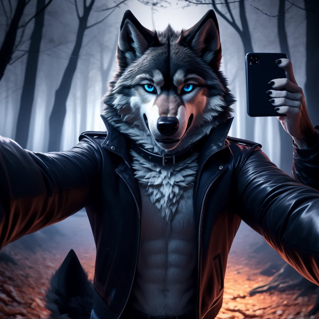 Selfie, Male, 30 years old, cute, eyeliner, evil grin, black leather jacket, anthro, wolf ears, wink, (black fur:1.5), wolf, forest background, 8k, hi res, (best quality, masterpiece), (wolf tail:1.5), detailed fur, solo, night, leashing and collar, blue jeans, blue eyes,