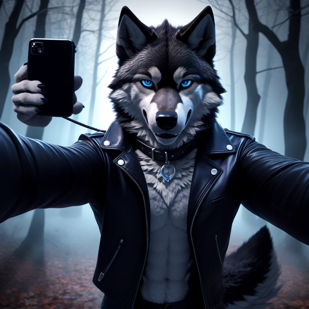 Selfie, Male, 30 years old, cute, eyeliner, evil grin, black leather jacket, anthro, wolf ears, wink, (black fur:1.5), wolf, forest background, 8k, hi res, (best quality, masterpiece), (wolf tail:1.5), detailed fur, solo, night, leashing and collar, blue jeans, blue eyes,