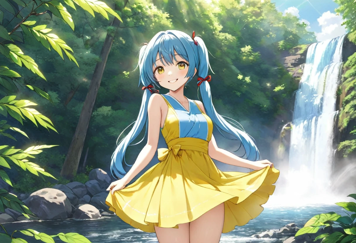 Sexy beauty,Beautiful Japanese Landscape、Big waterfall,Sunlight shines through the green leaves、Yellow half dress、Light blue long hair、Beautiful girl with twin tails、Look up at the sky、Bright smile