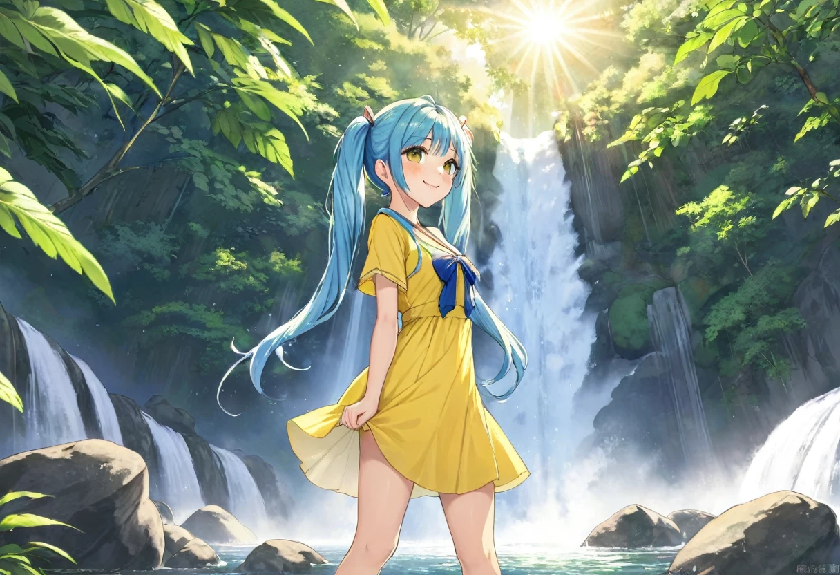 Sexy beauty,Beautiful Japanese Landscape、Big waterfall,Sunlight shines through the green leaves、Yellow half dress、Light blue long hair、Beautiful girl with twin tails、Look up at the sky、Bright smile