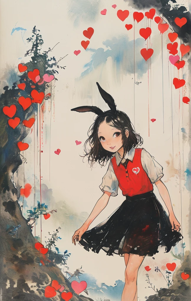 Black Star Red and White style, Simple Line Initialism,Abstract art,Urban Background, colorful hearts ,(((The most beautiful girl of all time))), On a bright red campus"YES"Character、beautiful illustration, best quality, cute girl, bedroom, pastel color, fluffy bunny ears, , silver long hair, alert! Dive into the messy and joyful theme of "Playing in Mud" (Playing in the mud). Capture the pure delight and uninhibited fun of people or animals splashing, building, and getting covered in mud.