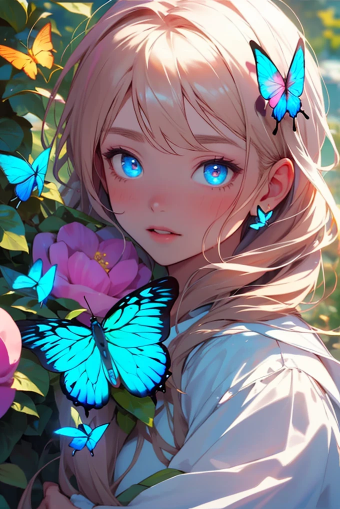 1 girl, 1 boy, princess hug, flower bush, masterpiece, best quality, delicate facial features, glowing butterflies, beautiful eyes, beautiful face