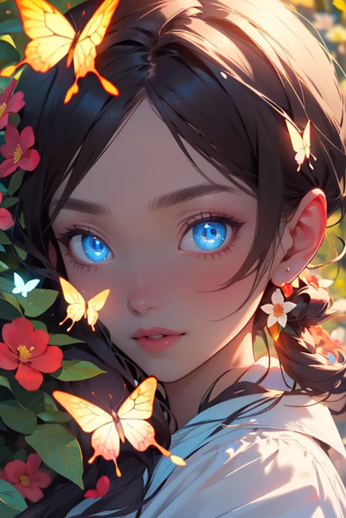 1 girl, 1 boy, princess hug, flower bush, masterpiece, best quality, delicate facial features, glowing butterflies, beautiful eyes, beautiful face