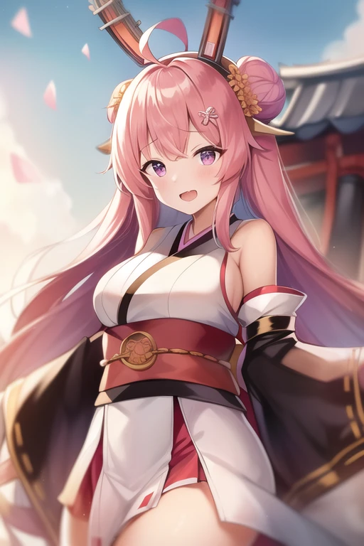 One girl, alone, Long Hair, King Kongu (Kantai Collection),Sakura Miko, Pink Hair, Double Bang, Purple eyes, Hair Bun, Ahoge, Open your mouth, Non-traditional Shrine Maiden, Removable sleeves, Brown eyes, White Background, (headgear):2, (Hair Bunド):2, smile, Sleeves edged with ribbon, Simple Background, kimono, Ribbon trim, View your viewers,  username, Upper Body, Wide sleeves, :d, King Kong