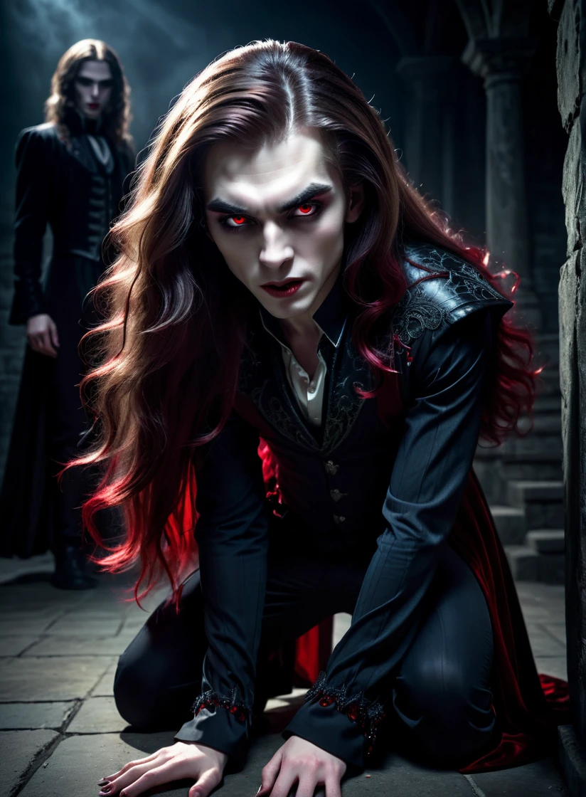 a vampire man crouching next to an attractive human teenage woman corpse, extremely detailed face and body, vampire with sharp teeth, pale skin, red eyes, attractive woman with flowing hair, detailed clothing, dramatic lighting, dark moody atmosphere, cinematic composition, dark fantasy, chiaroscuro lighting, high contrast, muted colors