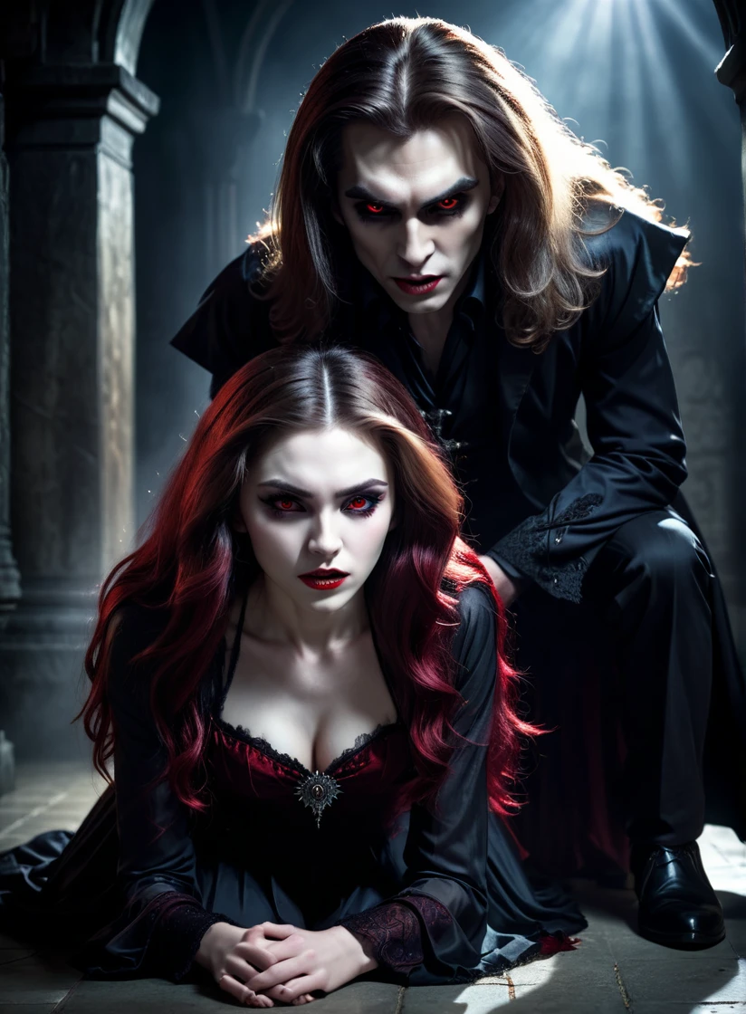 a vampire man crouching next to an attractive human teenage woman corpse, extremely detailed face and body, vampire with sharp teeth, pale skin, red eyes, attractive woman with flowing hair, detailed clothing, dramatic lighting, dark moody atmosphere, cinematic composition, dark fantasy, chiaroscuro lighting, high contrast, muted colors