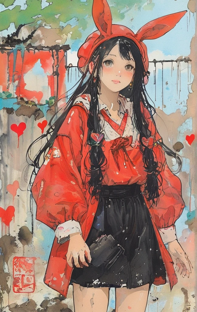 Black Star Red and White style, Simple Line Initialism,Abstract art,Urban Background, colorful hearts ,(((The most beautiful girl of all time))), On a bright red campus"YES"Character、beautiful illustration, best quality, cute girl, bedroom, pastel color, fluffy bunny ears, , silver long hair, alert! Dive into the messy and joyful theme of "Playing in Mud" (Playing in the mud). Capture the pure delight and uninhibited fun of people or animals splashing, building, and getting covered in mud.