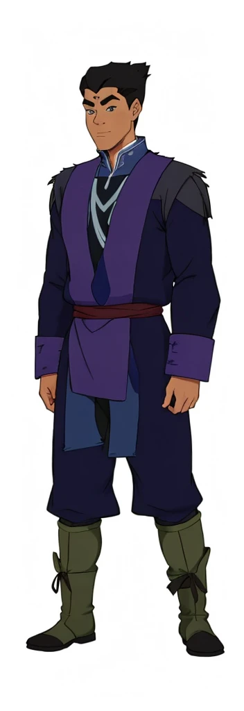 African-American, Bolin, water tribe traditional clothing mixed of blue and purple, with fur in shoulders and neck. Long sleeve, skinny, water tribe outfit. The character is wearing a blue, short-sleeved tunic with gold trim and fastenings down the front and fur collar, and fur on the shoulders. He has on dark purple pants tucked into knee-high boots. A green sash is tied around his waist. The overall style appears to be inspired by traditional East Asian clothing designs., fur on sleeves and shoulders, clothing mixed of water tribe purple and blue color and dark purple pants and skinny 