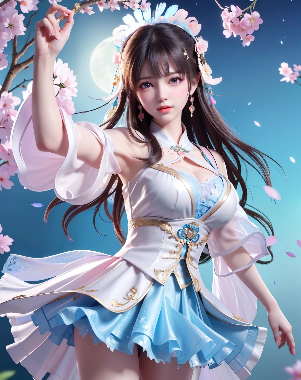 (8k, RAW photo:1.2), best quality, ultra high res,dramatic angle,(fluttered detailed color splashs), (illustration),(((1 girl))),(long hair),(rain:0.9), (Headdress:1.4),There is an ancient palace beside the girl,Hanfu,(Key Points),Color ink painting,(Splash of Color),Splash of Color,(((colorful))),(sketch:0.8) , Masterpiece, best quality, beautiful painted, highly detailed,(denoising:0.6),[splash ink],((ink refraction)), (beautiful detailed sky),moon,highly,detaild,(masterpiece, best quality, extremely detailed） CG Unity 8k Wallpaper，masterpiece，best quality，Ultra Detailed），（Lycoris）.shoulder ballet dress open V-chested clothes Thin silk lace dress short skirt , (huge ，cleavage),, white pink, blue ，best qualtiy，tmasterpiece，Ultra-high resolution，（Reality：1.4），RAW photogr，（True skin texture：1.3），（filmgrain：1.3），（Selfie angle），1个Giant Breast Girl，Beautiful eye and face details，tmasterpiece，Best quality at best，，The chest more exposed， detailed hair, bra pink , detail 8k, full body, lace petticoat