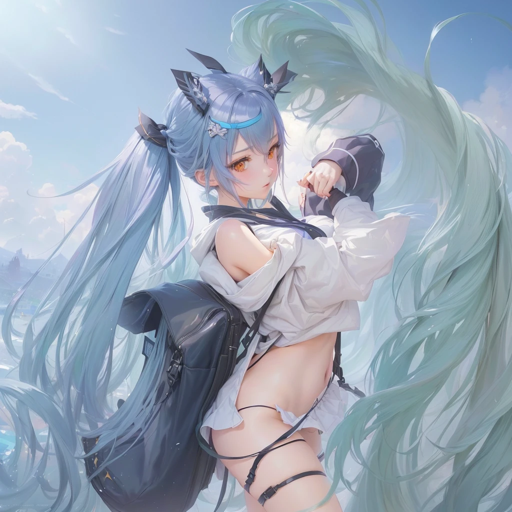 Anime girl with long hair and a backpack on her shoulder, trending on artstation Pixiv, Zerochan Art, digital art on Pixiv, guweiz on Pixiv artstation, Pixiv contest winner, Pixiv, guweiz on artstation Pixiv, by Shimo, Beautiful anime art, top rated on Pixiv, Pixiv daily ranking