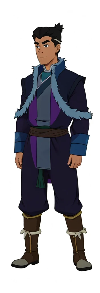 African-American, Bolin, water tribe traditional clothing mixed of blue and purple, with fur in shoulders and neck. Long sleeve, skinny, water tribe outfit. The character is wearing a blue, short-sleeved tunic with gold trim and fastenings down the front and fur collar, and fur on the shoulders. He has on dark purple pants tucked into knee-high boots. A green sash is tied around his waist. The overall style appears to be inspired by traditional East Asian clothing designs., fur on sleeves and shoulders, clothing mixed of water tribe purple and blue color and dark purple pants and skinny