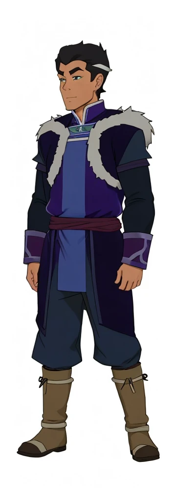 African-American, Bolin, water tribe traditional clothing mixed of blue and purple, with fur in shoulders and neck. Long sleeve, skinny, water tribe outfit. The character is wearing a blue, short-sleeved tunic with gold trim and fastenings down the front and fur collar, and fur on the shoulders. He has on dark purple pants tucked into knee-high boots. A green sash is tied around his waist. The overall style appears to be inspired by traditional East Asian clothing designs., fur on sleeves and shoulders, clothing mixed of water tribe purple and blue color and dark purple pants and skinny 